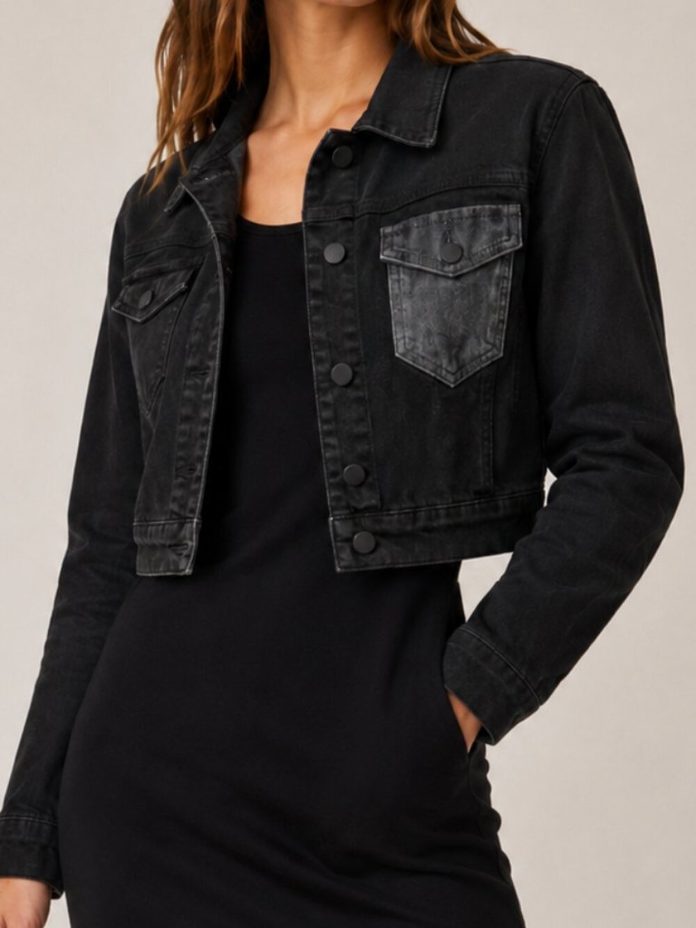 All Saints Washed Black Cropped Denim Jacket with Contrast Grey Suede Pocket